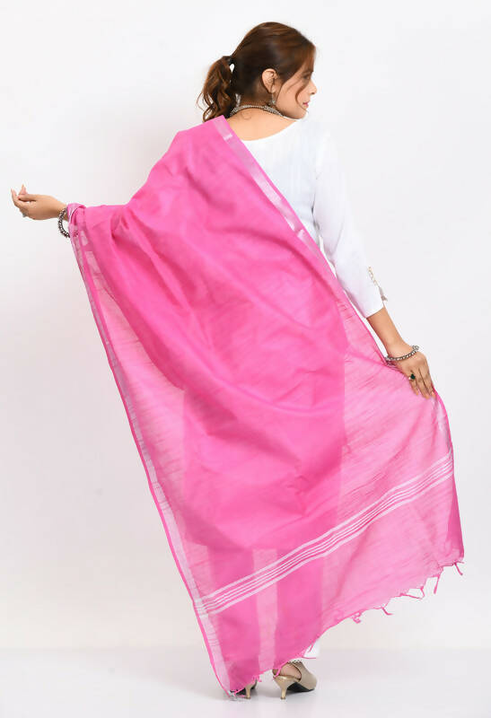 Mominos Fashion Moeza Women's Linen Cotton Silver Border Dark Pink Dupatta - Distacart