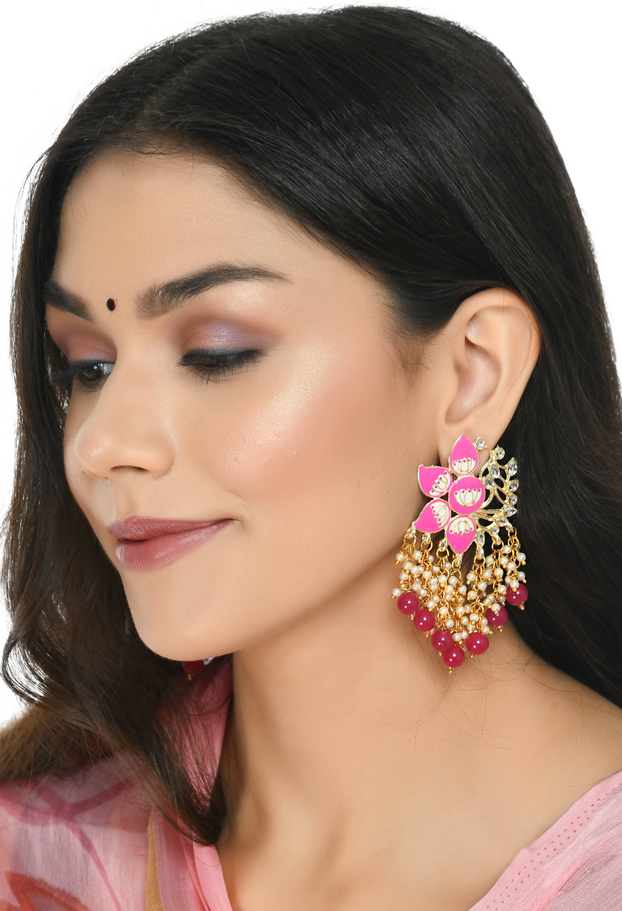Mominos Fashion Johar Kamal Gold-Plated Kundan Pink Meenakari Earrings - Distacart