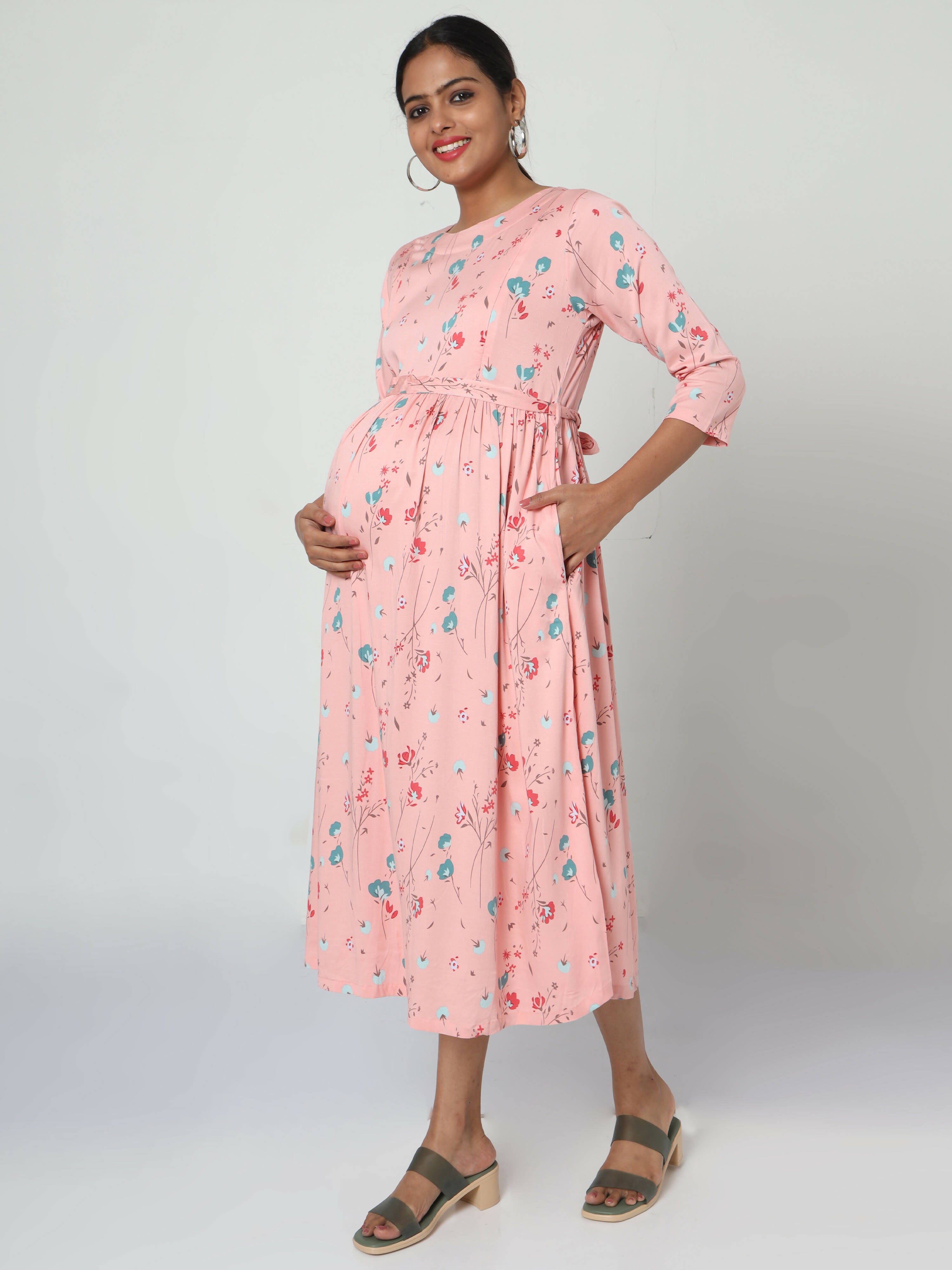 Manet Three Fourth Maternity Dress Floral Print With Concealed Zipper Nursing Access - Peach - Distacart