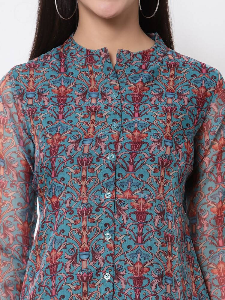 Myshka Women's Beautiful Organza Printed Printed 3/4 Sleeve Round Neck Casual Multicolor Tunic
