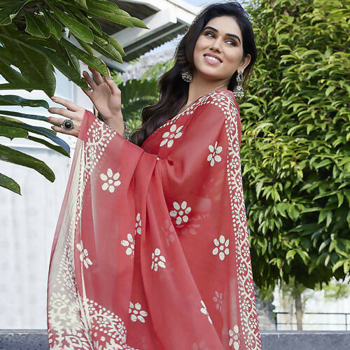 Women's Partywear Designer Peach Chinon Shiffon Fancy Saree - Dyuti - Distacart