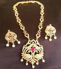 Thumbnail for Multicolor AD peacock Bridal Necklace Set