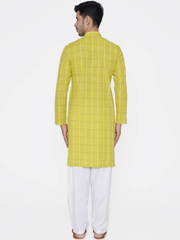 Manyavar Men Lime Green & White Checked Straight Kurta - Distacart