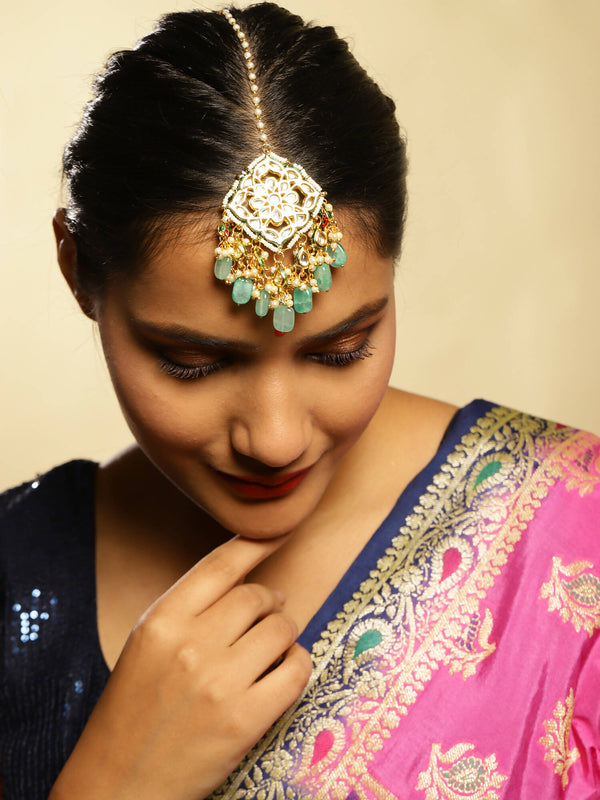 White Blue Gold-Plated Kundan-Studded Beaded Maang Tikka - Ruby Raang - Distacart