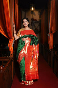 Thumbnail for Very Much Indian Triple Muniya Border Paithani- Authentic Handloom Pure Silk With Parrots Pallu - Zari Stripes - Distacart