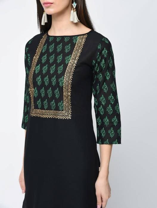 Aniyah Cotton Block Printed Black Straight Kurta (AN-131K)