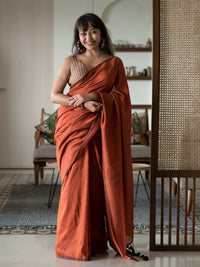 Thumbnail for Suta Rust Solid Cotton Blend Saree - Distacart