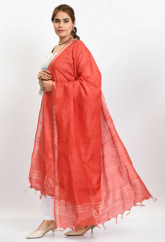 Mominos Fashion Moeza Women's Linen Cotton Silver Border Red Dupatta - Distacart