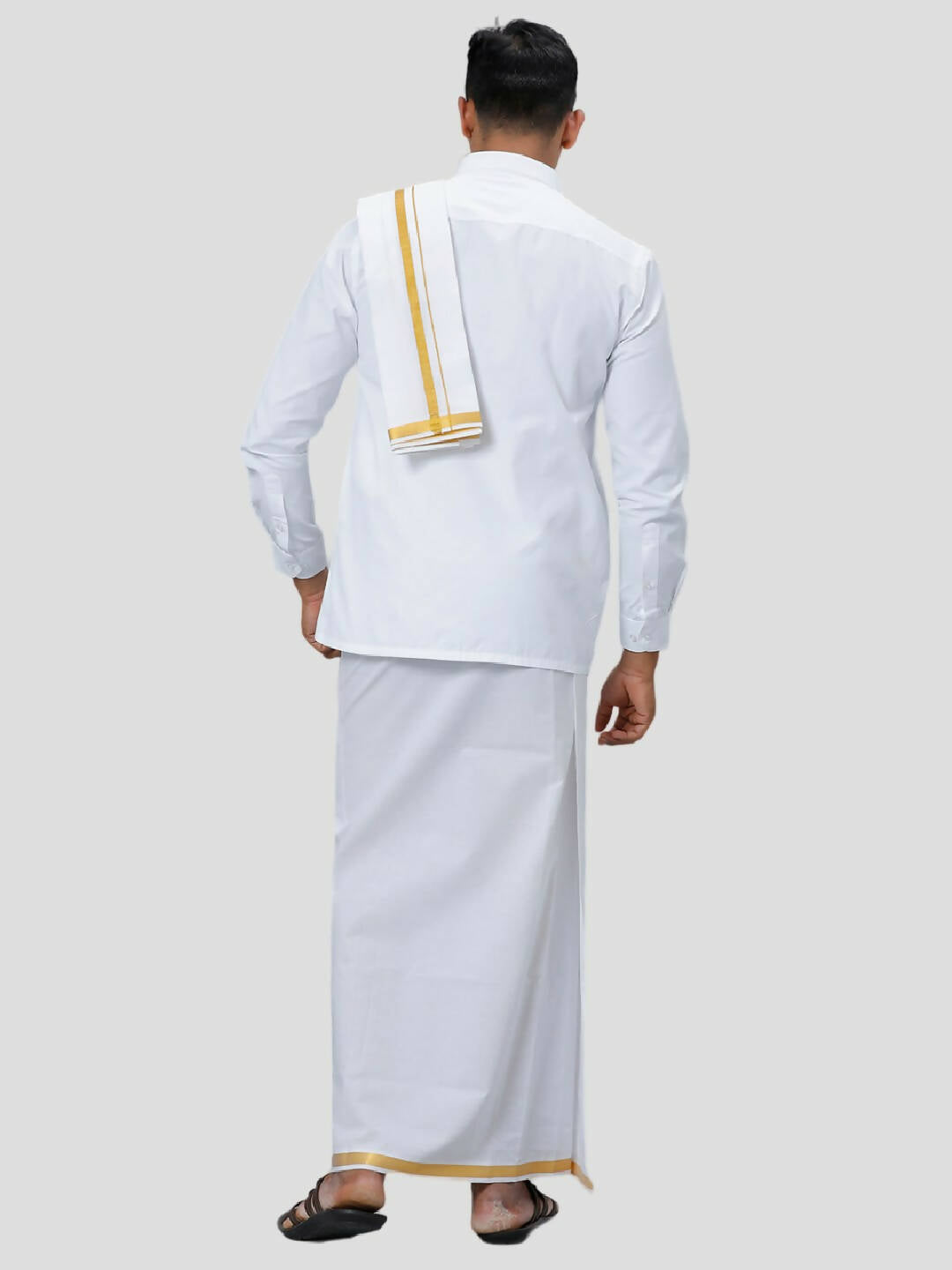 Ramraj Cotton Mens 1/4 " Poly Cotton Gold Jari Dhoti And Towel Set - White - Distacart
