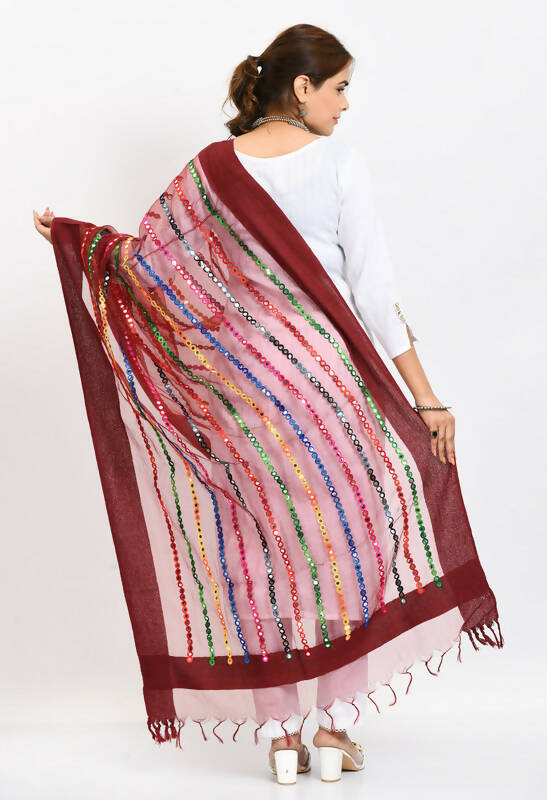 Mominos Fashion Moeza Women's Orgenza Multi Thread Mirror Work Maroon Dupatta - Distacart