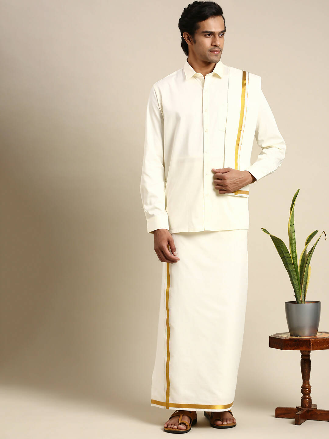 Ramraj Cotton Premium Wedding Cream Regular Dhoti, Shirt & Towel Set Arathi 3/4" - Distacart