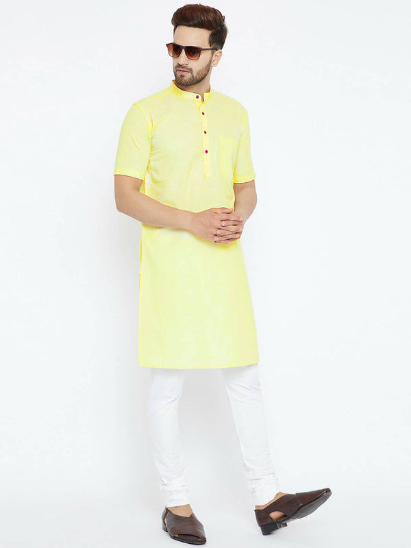 Even Apparels Yellow Color Pure Cotton Men's Kurta With Band Collar - Distacart