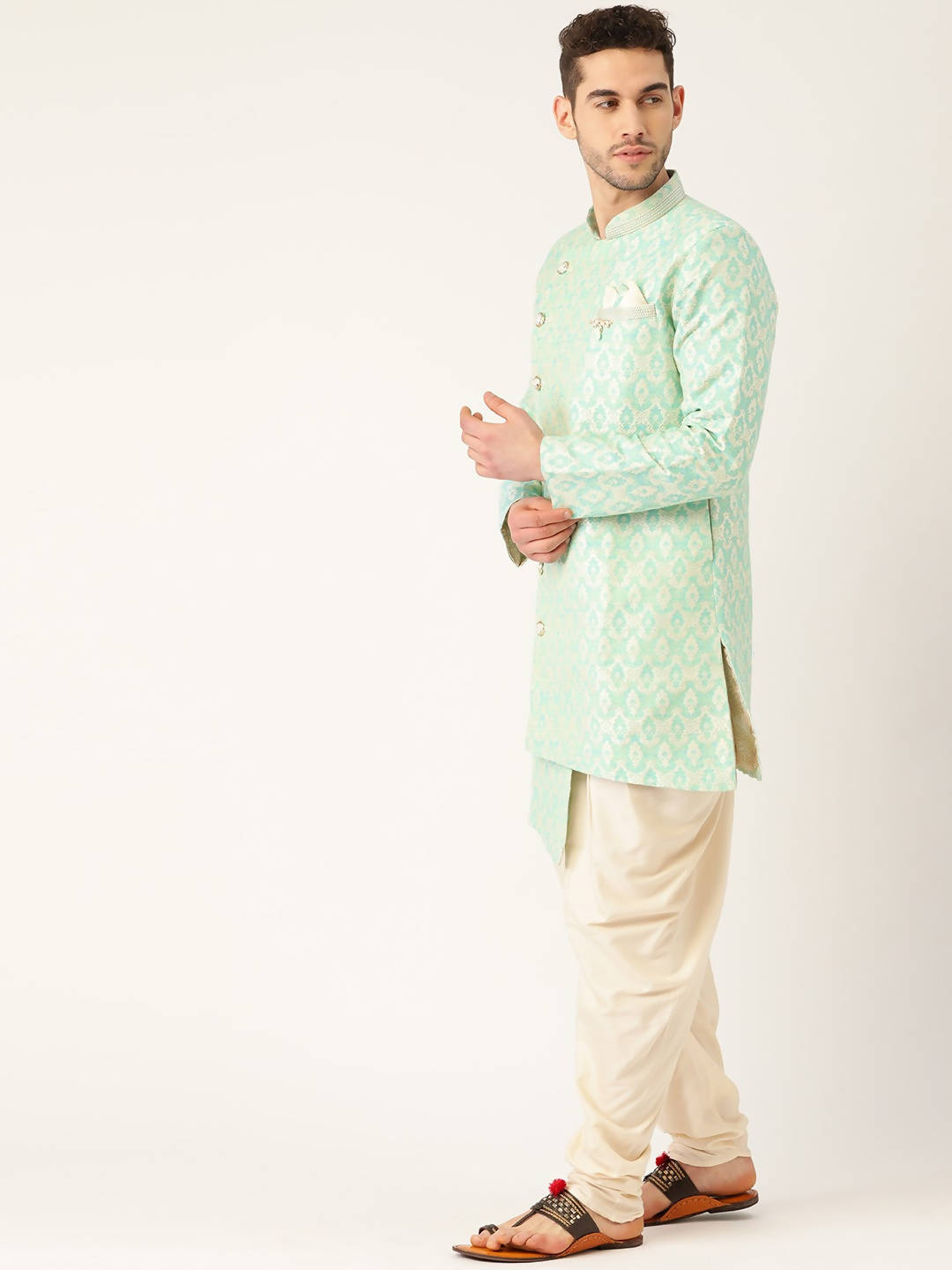 Manyavar Men Green & Off-White Jacquard Angrakha Kurta with Patiala - Distacart