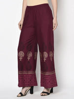 Thumbnail for Aniyah Rayon Wine Color Block Print Flared Slip-On Palazzo (AN-173K)