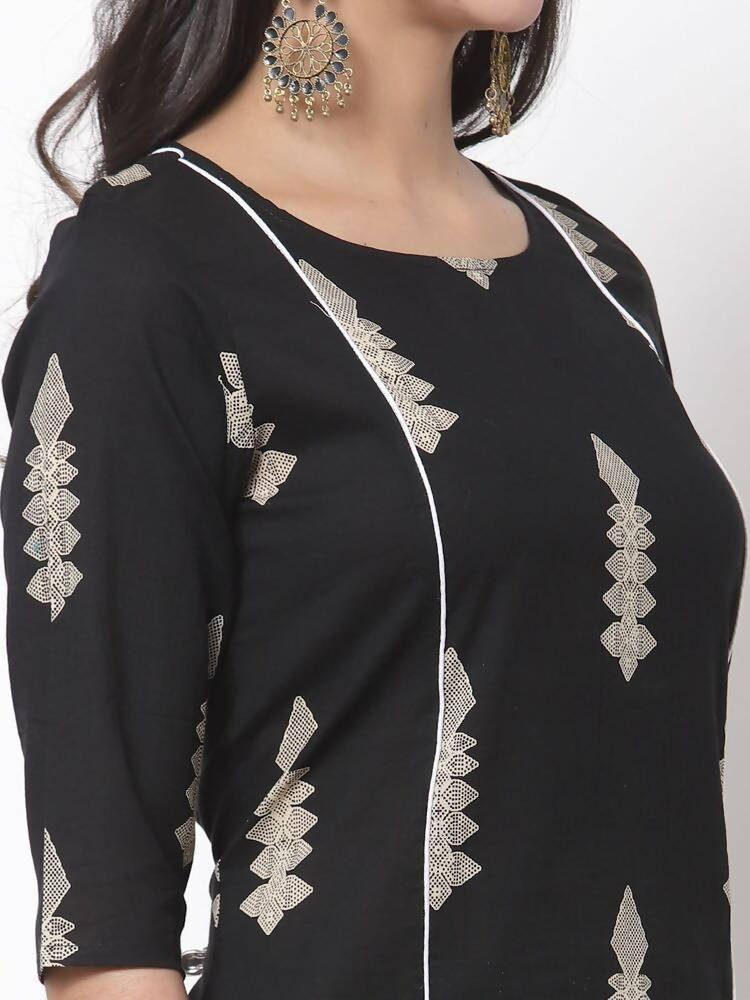 Myshka Women's Black Cotton Blend Printed 3/4 Sleeve Round Neck Casual Kurta & Palazzo Set