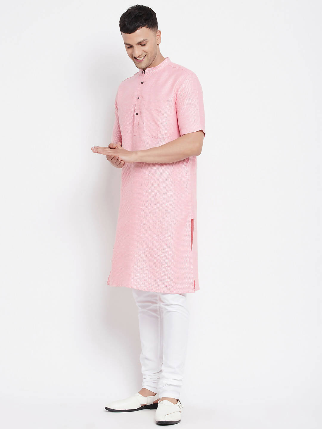 Even Apparels Pink Pure Cotton Men's H/S Kurta With Band Collar - Distacart