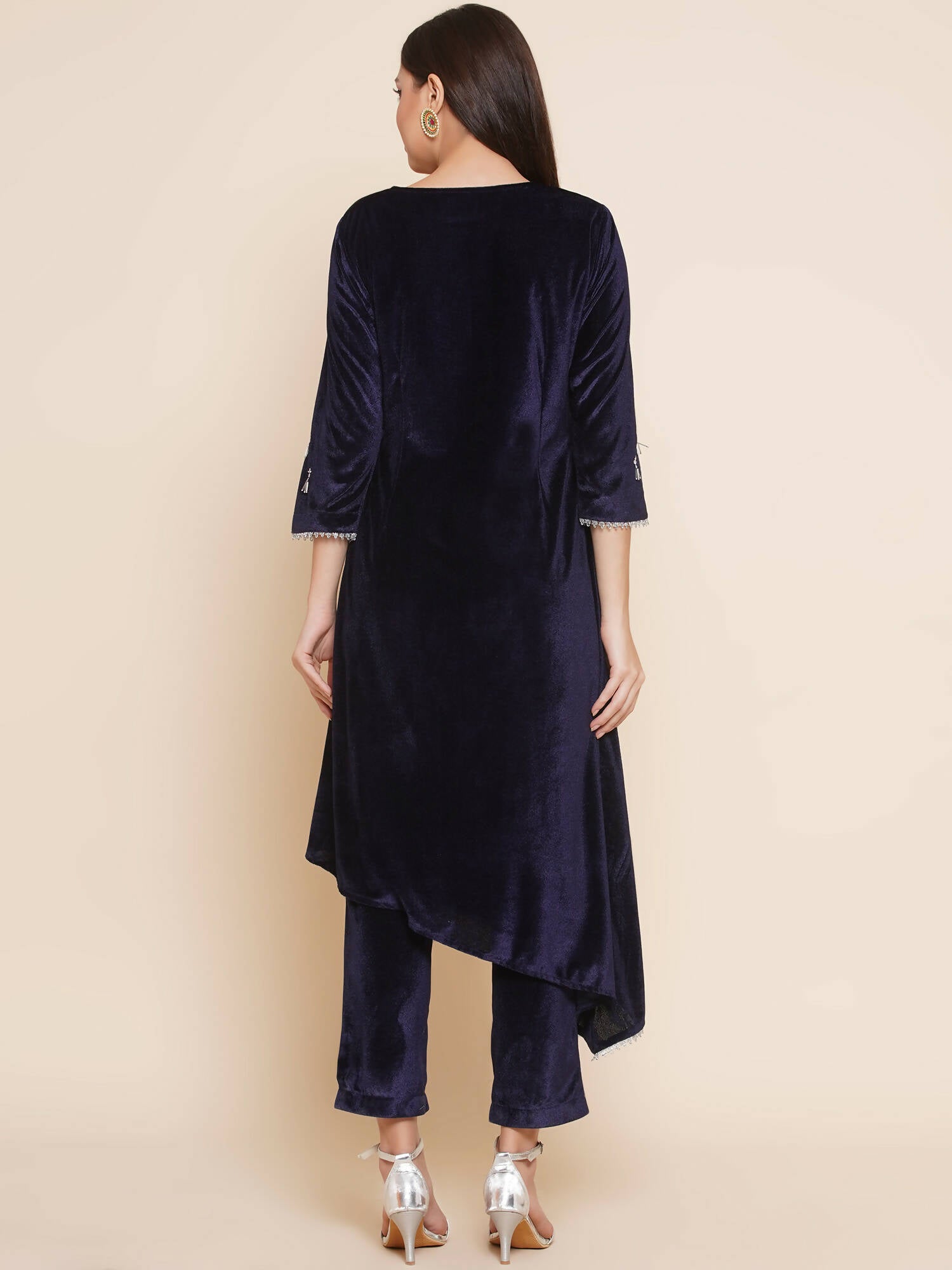 Women Republic Navy Blue Velvet Assymetrical Hand Embellished Kurta With Pants - Distacart