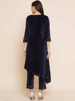 Thumbnail for Women Republic Navy Blue Velvet Assymetrical Hand Embellished Kurta With Pants - Distacart