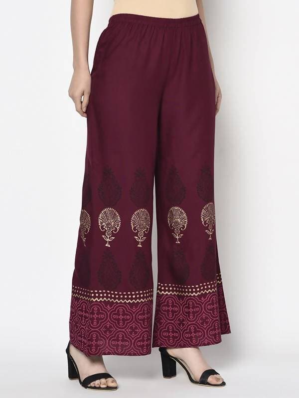 Aniyah Rayon Wine Color Block Print Flared Slip-On Palazzo (AN-173K)