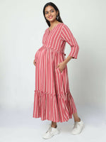 Thumbnail for Manet Three Fourth Maternity Dress Striped With Concealed Zipper Nursing Access - Pink - Distacart
