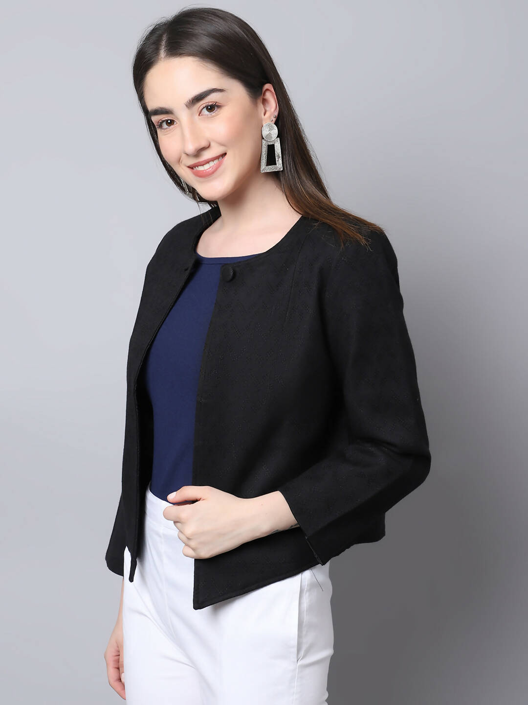Even Apparels Black 100% Viscose Open Front Statement Women's Jacket - Distacart
