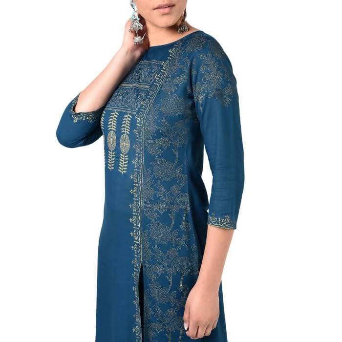 Aniyah Rayon Block Print Front Slit Straight Kurta In Blue Color (AN-167K)