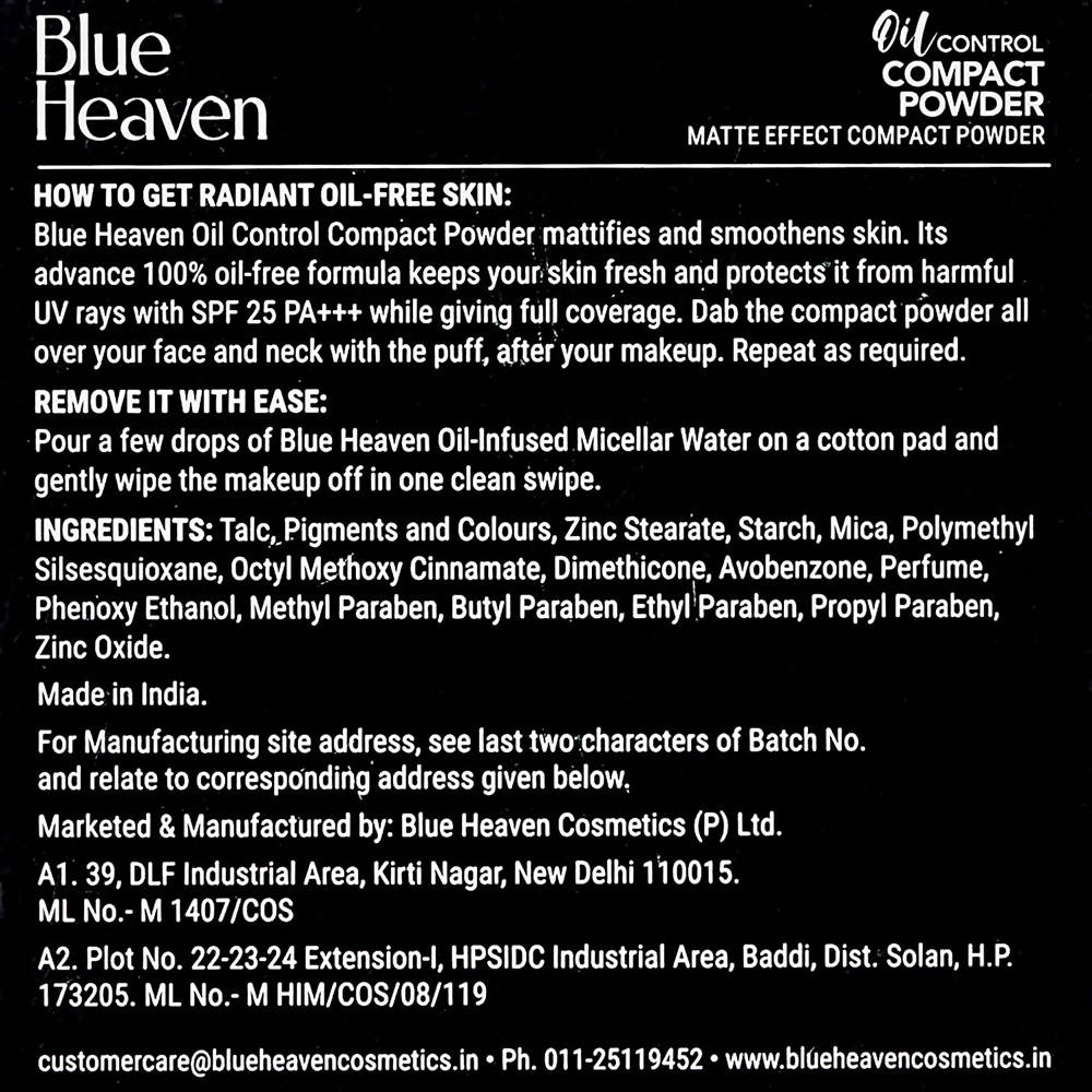 Blue Heaven Oil Control Compact Powder Matte Finish SPF 25 PA+++ Cream Ingredients