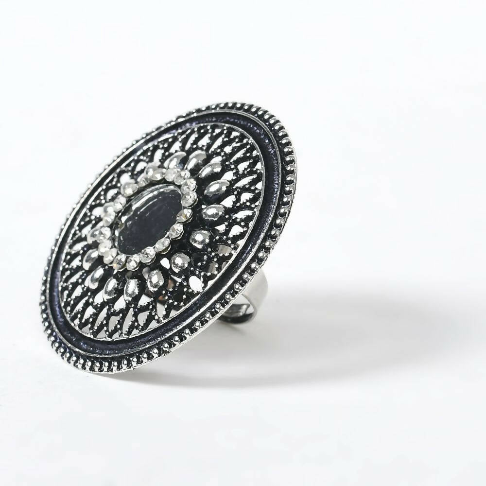 Mominos Fashion Joharkamal Oxidised Silver-Toned Adjustable Finger Ring - Distacart