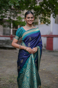 Thumbnail for Vishnu Weaves Women's Navy-Blue Soft Silk Zari Woven Saree with Blouse - Distacart