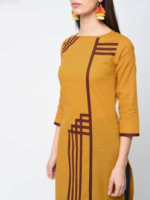 Aniyah Cotton Straight Mustard Color Kurta With Patchwork (AN-105K)