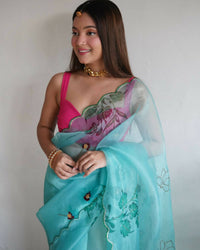 Thumbnail for Vamsee Lime Green Organza Saree - Distacart