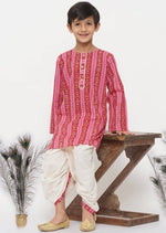 Thumbnail for Little Bansi Cotton Striped Kurta with Pearl Buttons & Dhoti -Pink & Cream - Distacart