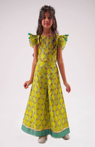 Lil Drama Raangoli Crop Top With Palazzo Co-Ordinate Set - Green - Distacart