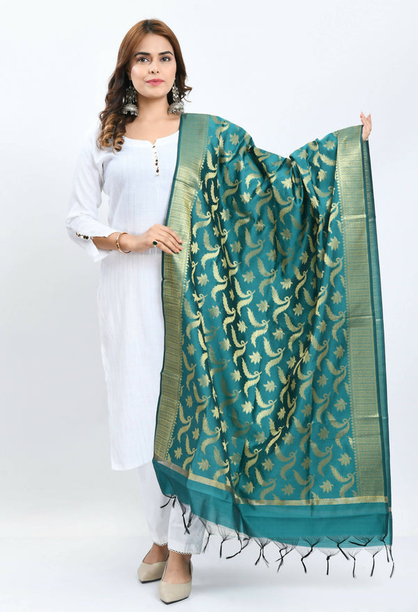 Mominos Fashion Moeza Women's Banarsi Silk Floral Woven Design Rama Green Dupatta - Distacart