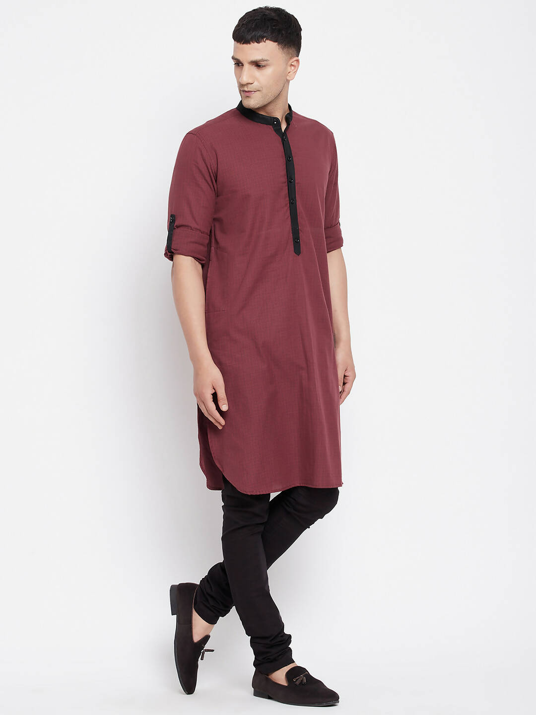 Even Apparels Maroon Pure Cotton Men's Kurta With Contrast Collar And Placket - Distacart