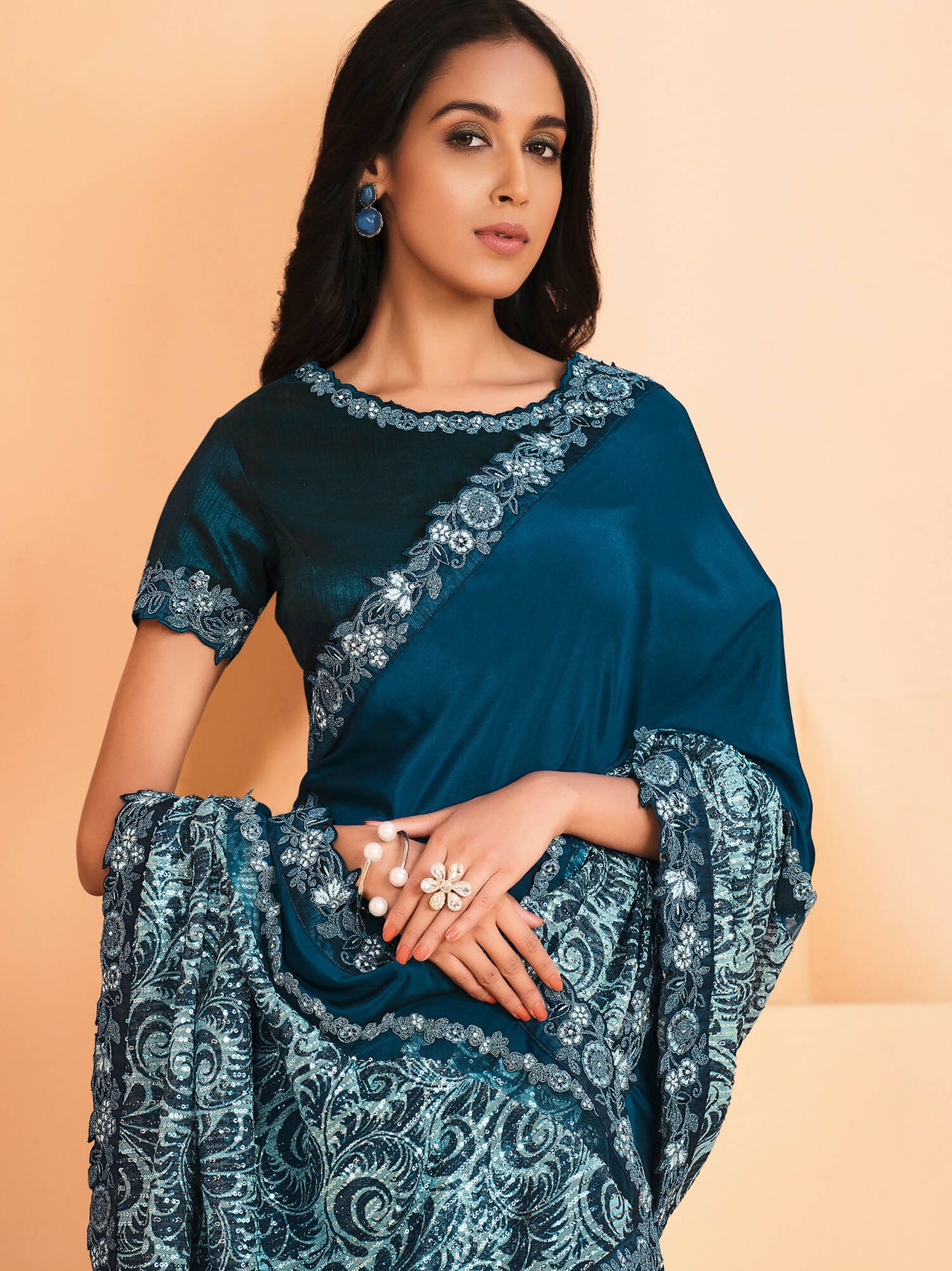 Teal Satin Crepe Silk Sequence Embroidered Saree With Unstitched Blouse - Mohmanthan Yavanika - Distacart