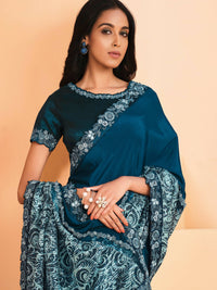 Thumbnail for Teal Satin Crepe Silk Sequence Embroidered Saree With Unstitched Blouse - Mohmanthan Yavanika - Distacart