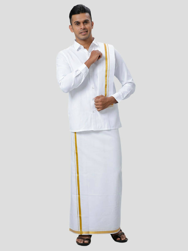 Ramraj Cotton Mens 1/4 " Poly Cotton Gold Jari Dhoti And Towel Set - White - Distacart