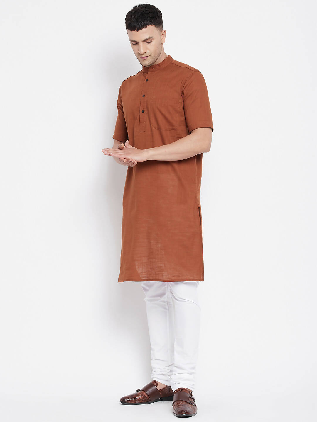 Even Apparels Brown Pure Cotton Men's H/S Kurta With Band Collar - Distacart