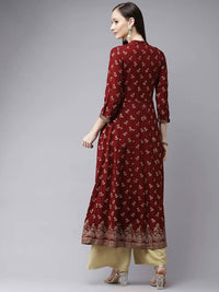 Thumbnail for Yufta Women Maroon & Gold Floral Printed Kurta