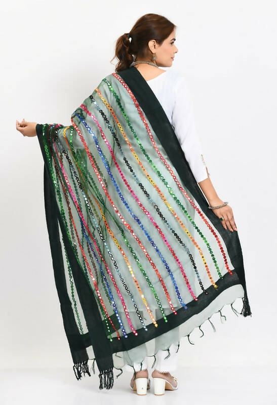 Mominos Fashion Moeza Women's Orgenza Multi Thread Mirror Work Bottle Green Dupatta - Distacart