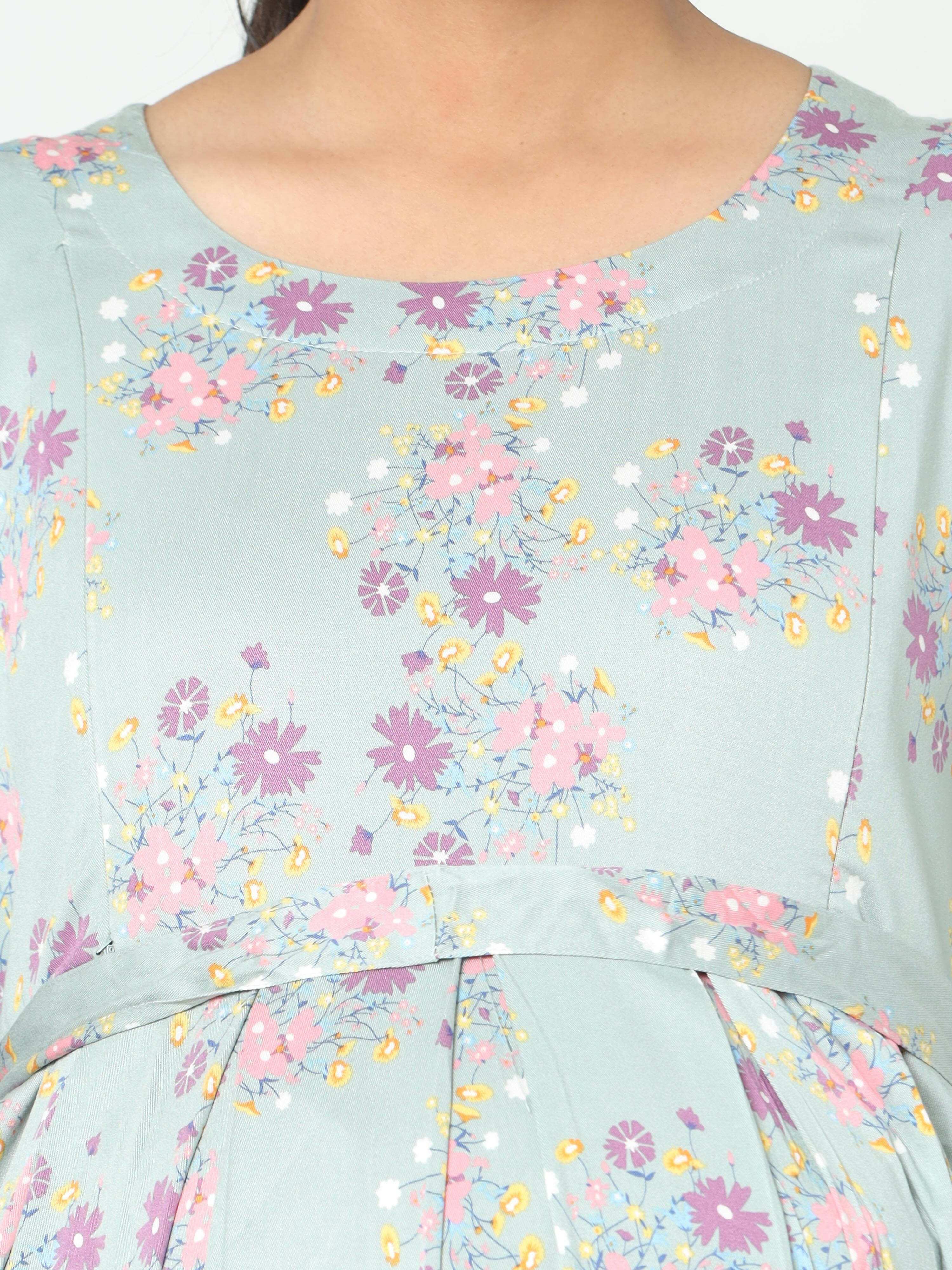 Manet Three Fourth Maternity Dress Pink Floral Print With Concealed Zipper Nursing Access - Green - Distacart