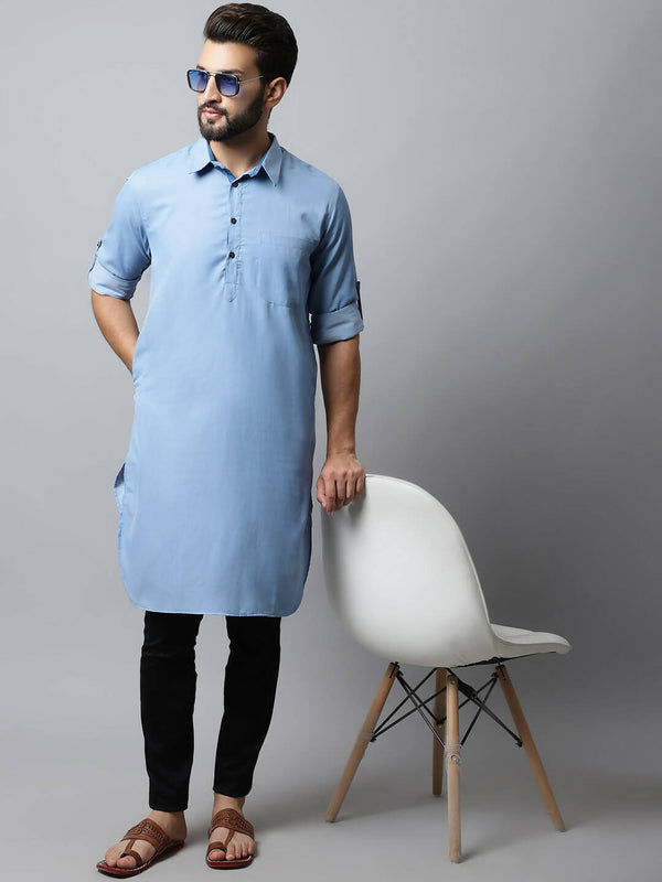 Even Apparels sky Blue Color Pure Cotton Solid Men's Kurta With Shirt Collar (MMS503) - Distacart