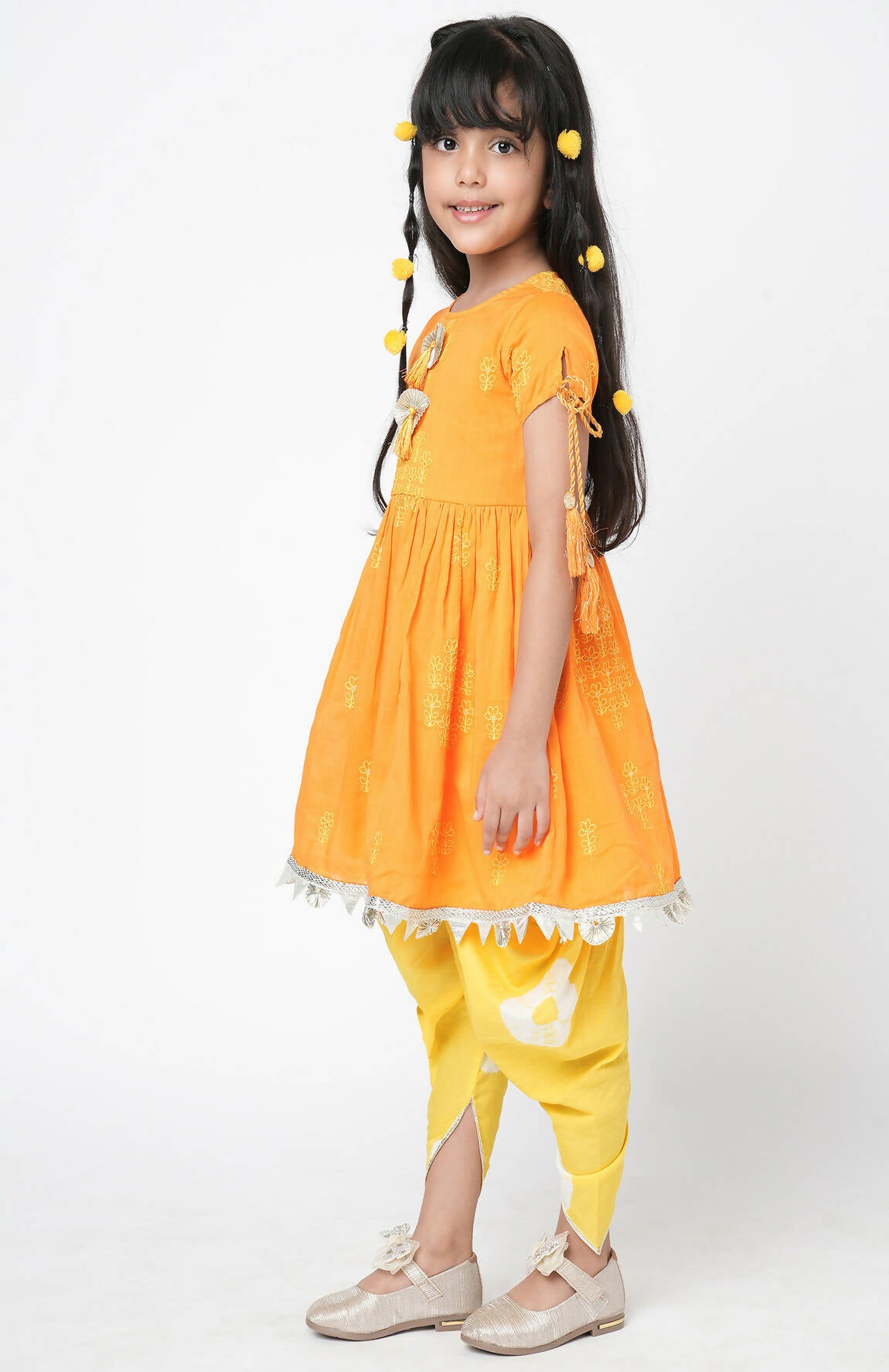 Lil Drama Marigold Magic Girls Orange Embroidered Kurta With Dhoti Set - Distacart