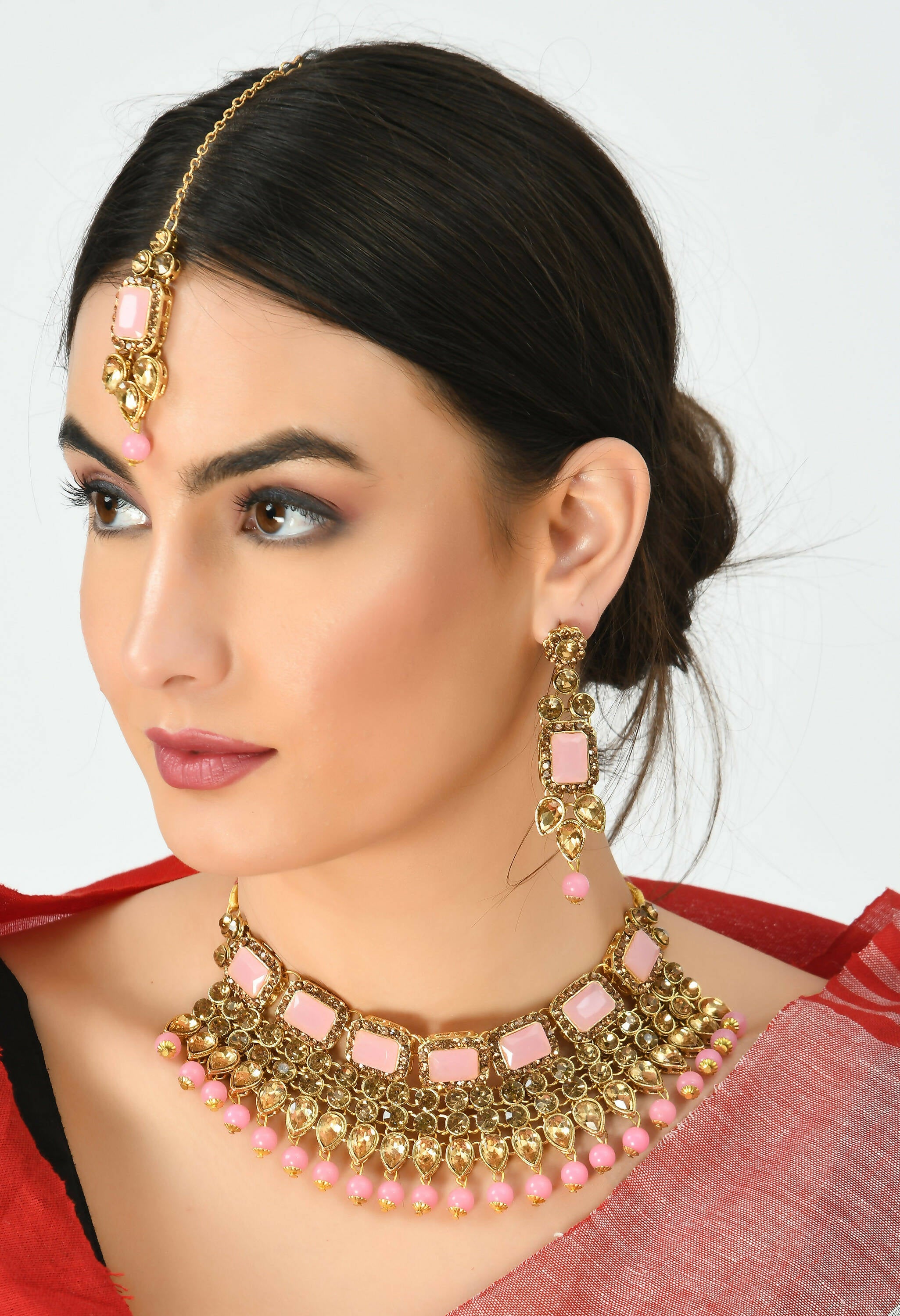 Mominos Fashion Johar Kamal Gold-Plated Brass Finish Kundan/Stone Choker For Women (Baby Pink) - Distacart