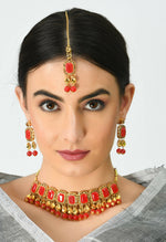 Thumbnail for Mominos Fashion Johar Kamal Gold-Plated Brass Finish Kundan/Pearls Choker For Women (Red) - Distacart