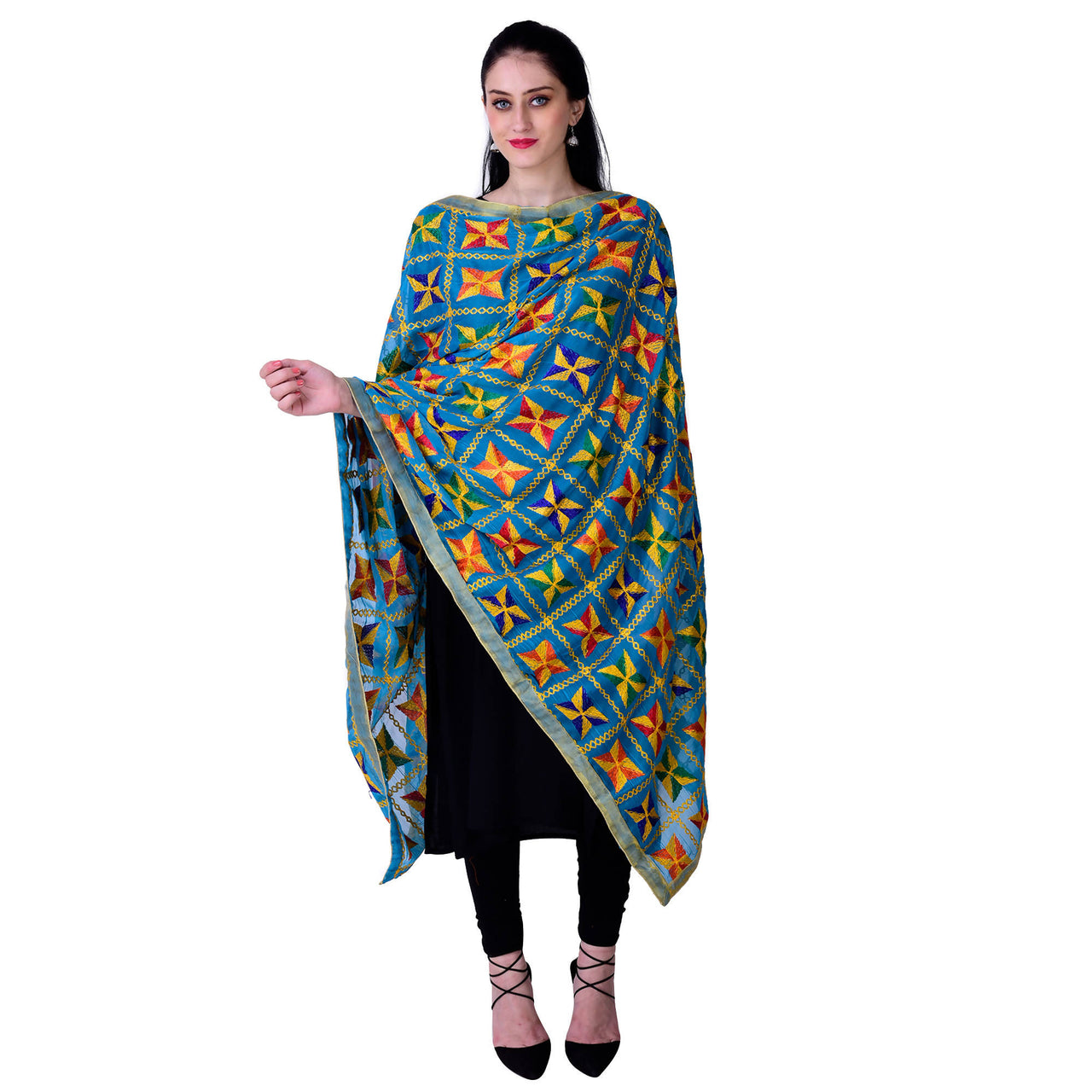 SWI Stylish Women's Embroidered Phulkari Chiffon Turquoise Dupatta