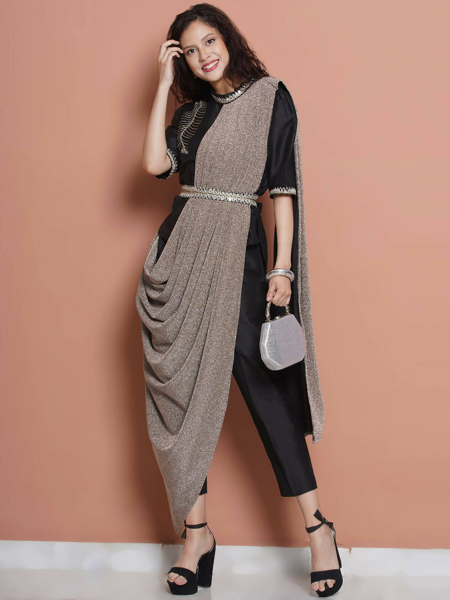 Women Republic Black Cotton Blended Set with Attached Drape - Distacart