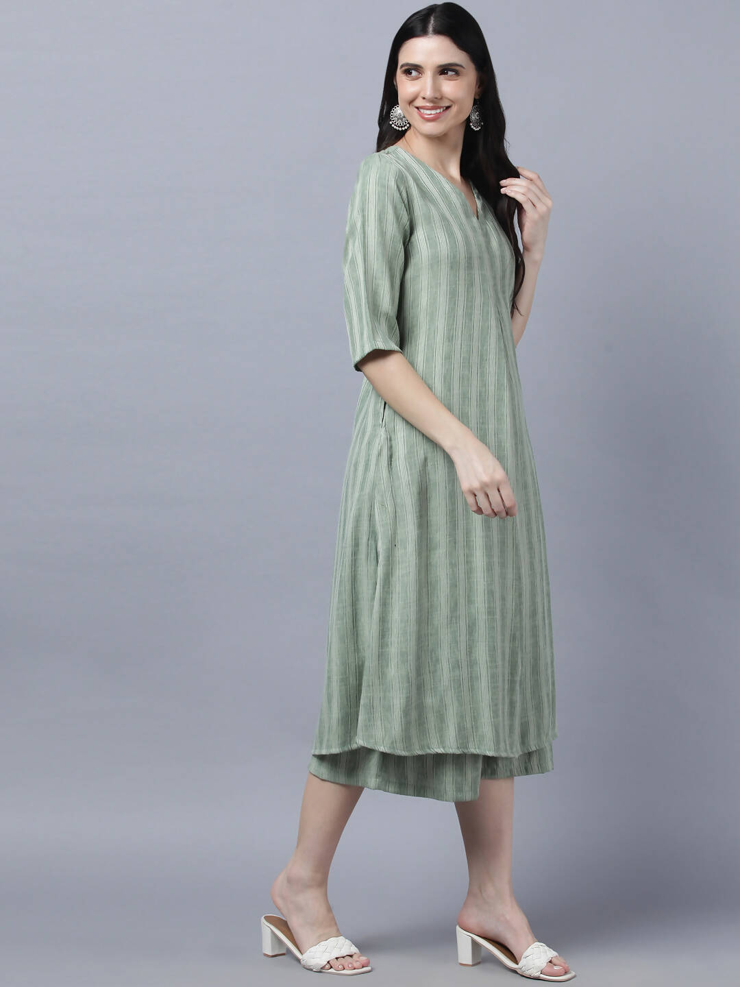 Myshka Stylish Green Cotton 3/4 Sleeve Women's Kurta Palazzo Set - Distacart
