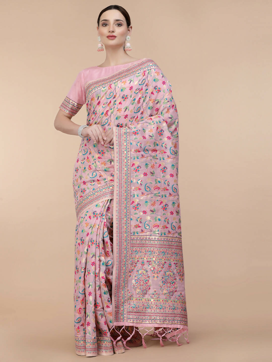 Light Pink Silk Blend Woven Design Saree With Unstitched Blouse Piece - Aloki - Distacart